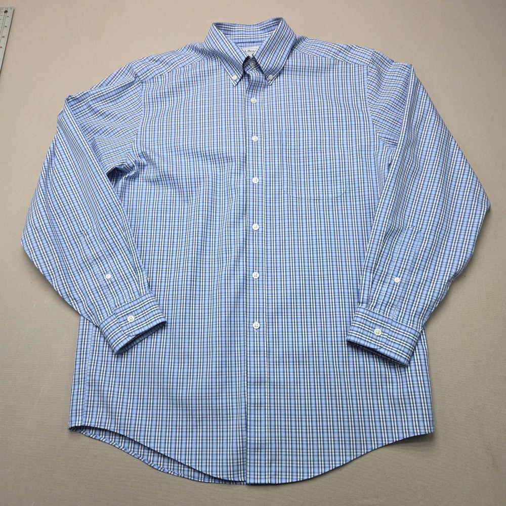 L.L. Bean Shirt Traditional Fit Plaid Button Down Blue White Mens Size 15-33